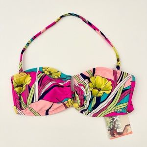 ROXY BIKINI BANDEAU TOP FLORAL PINK Small NWT